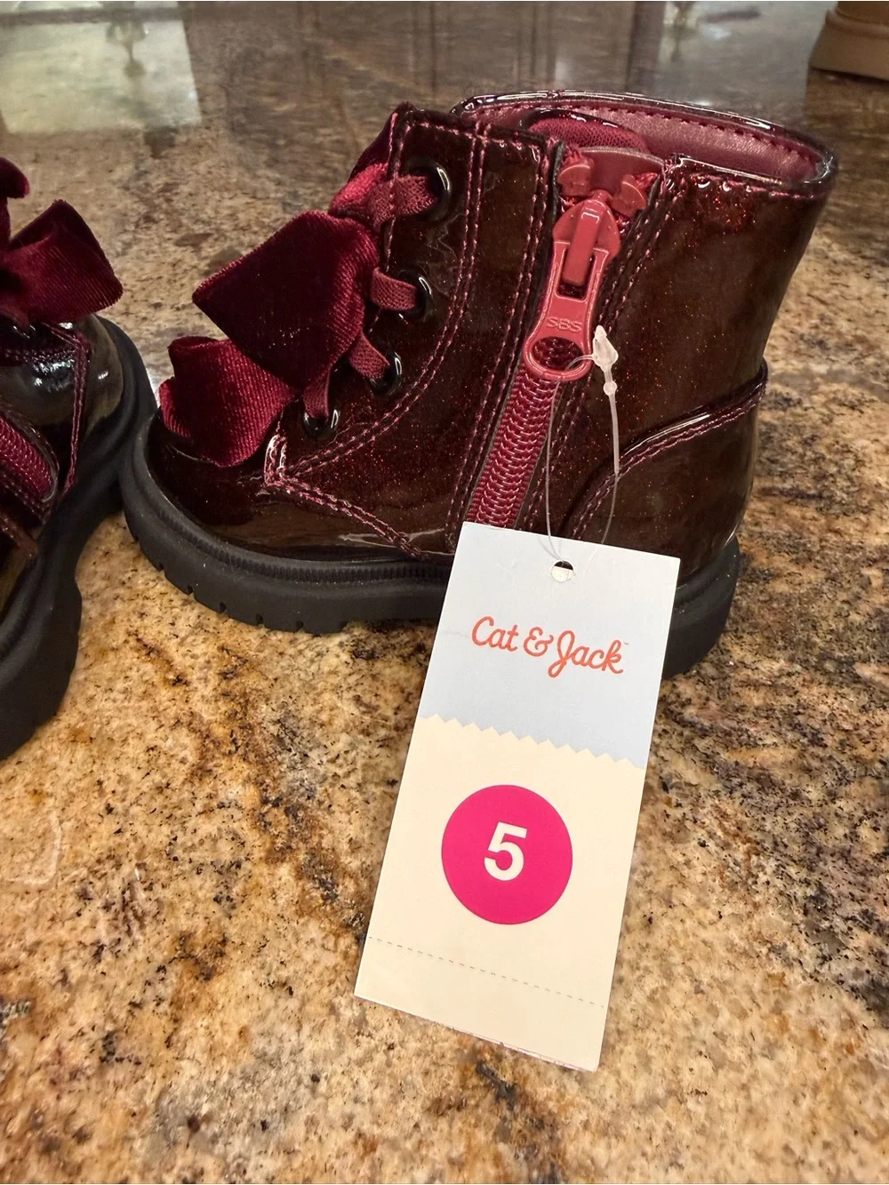 Cat & Jack Girls Maroon Patent Lace-Up Boots with Velvet Ribbon Laces